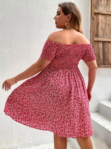 Plus Ditsy Floral Shirred Dress - Red and White - View 2