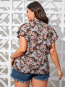 Plus Allover Floral Print Tie Neck Blouse - Multicolor - View 2