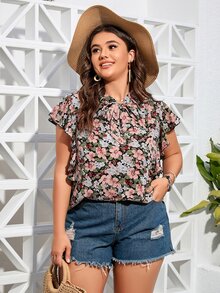 Plus Allover Floral Print Tie Neck Blouse - Multicolor - View 3