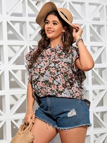 Plus Allover Floral Print Tie Neck Blouse - Multicolor - View 4