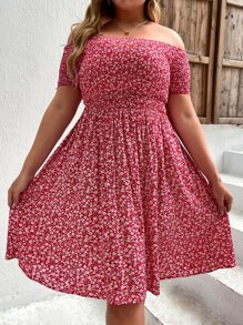 Plus Ditsy Floral Shirred Dress - Red and White - View 4
