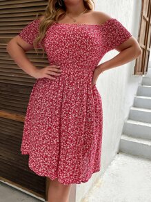 Plus Ditsy Floral Shirred Dress - Red and White - View 5