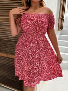 Plus Ditsy Floral Shirred Dress - Red and White - View 6