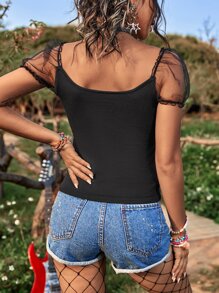 SHEIN Essnce Contrast Mesh Puff Sleeve Knit Top - Black - View 2