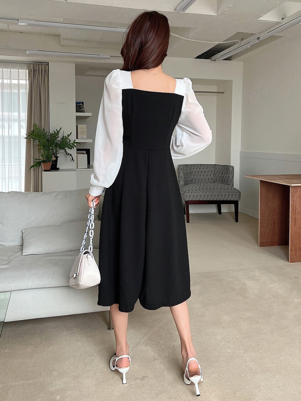 Two Tone Square Neck Bishop Sleeve Dress Work Women Clothes, Fall Clothes Long Sleeve Dress
