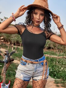 SHEIN Essnce Contrast Mesh Puff Sleeve Knit Top - Black - View 5