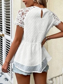 SHEIN Unity Swiss Dot Contrast Guipure Lace Peplum Chiffon Blouse - White - View 2