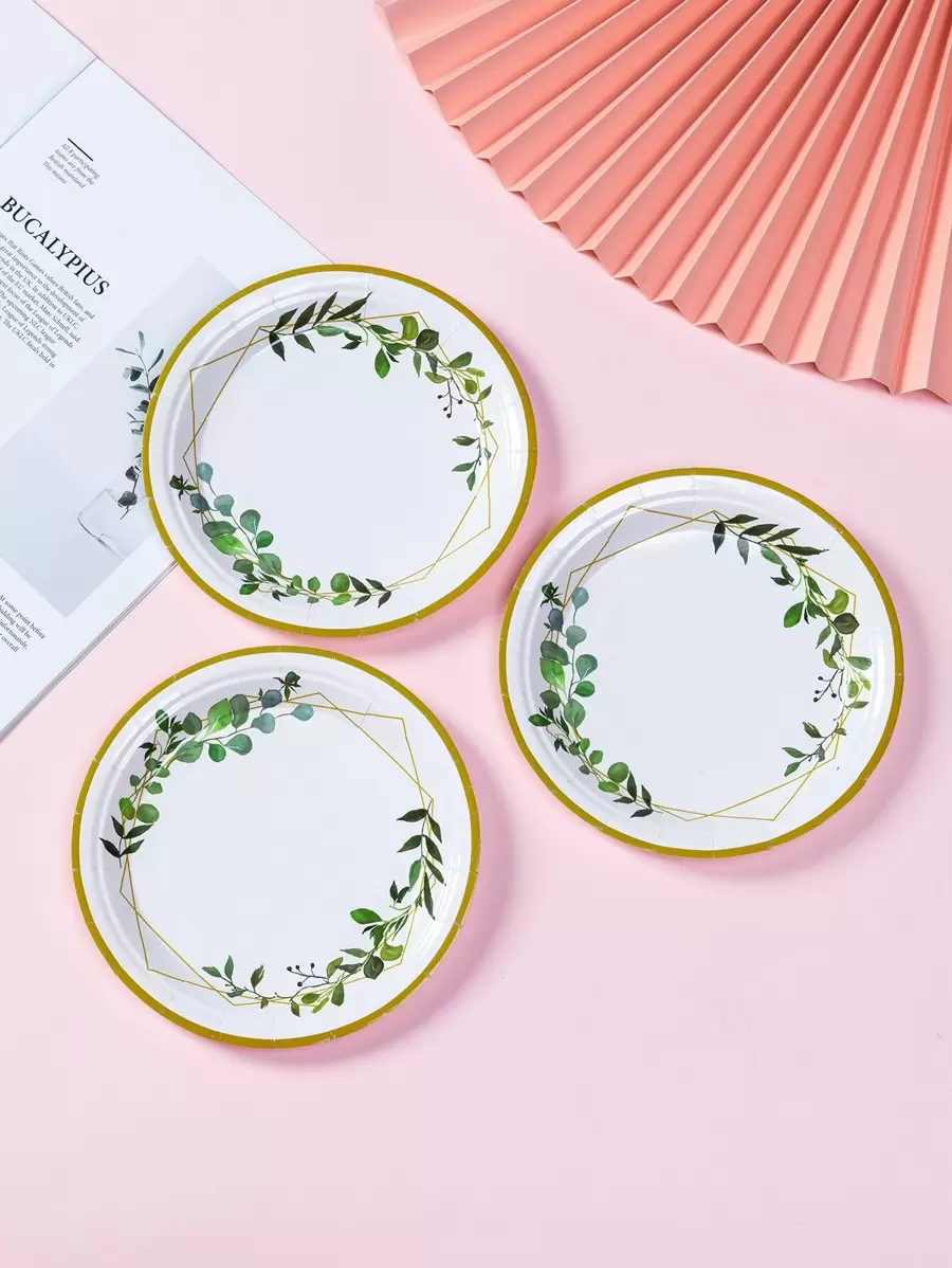 10pcs Leaf Pattern Disposable Plate, Modern Leaf & Line Print Disposable Dinner Plate For Party,Christmas - Multicolor - View 1