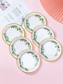 10pcs Leaf Pattern Disposable Plate, Modern Leaf & Line Print Disposable Dinner Plate For Party,Christmas - Multicolor - View 2