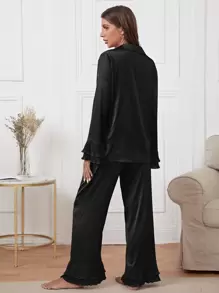 Notch Collar Satin Blouse and Ruffle Hem Trousers PJ Set - Black - View 3