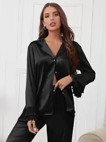 Notch Collar Satin Blouse and Ruffle Hem Trousers PJ Set - Black - View 5