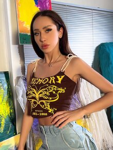 MEYSI KIM Top de tirantes tira con nudo con letra con con estampado de mariposa - Multicolor - Ver 4
