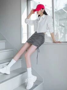 DAZY High Waist Drawstring Side Skort - Dark Grey - View 7