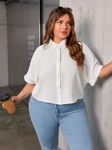 SHEIN EZwear Plus Batwing Sleeve Solid Shirt - White - View 2