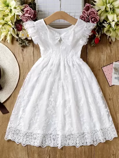 SHEIN Vintaside Kids Young Girl Floral Embroidery Ruffle Trim Bow Back Lace Dress