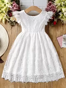 SHEIN Young Girl Floral Embroidery Ruffle Trim Bow Back Lace Dress