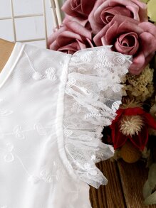 SHEIN Young Girl Floral Embroidery Ruffle Trim Bow Back Lace Dress