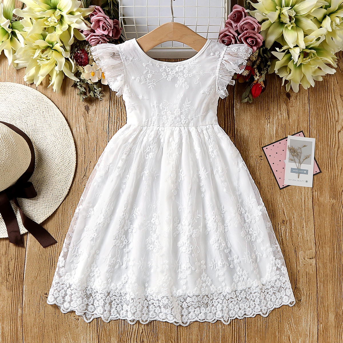 Niñitas Vestido con bordado floral ribete con fruncido con lazo trasero con encaje