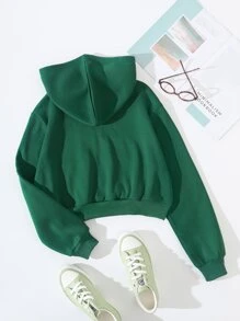 SHEIN EZwear 拉鏈開襟加絨內裏短款連帽衫 - 墨綠色 - 查看 2