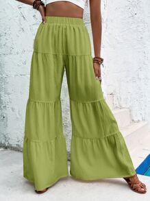 Ruffle Hem Wide Leg Trousers - Lime Green - View 1