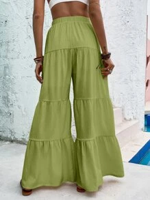 Ruffle Hem Wide Leg Trousers - Lime Green - View 2