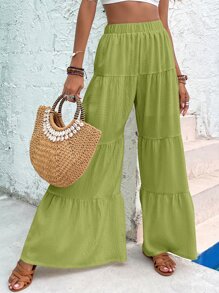 Ruffle Hem Wide Leg Trousers - Lime Green - View 3