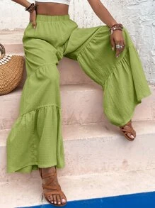 Ruffle Hem Wide Leg Trousers - Lime Green - View 4