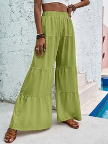 Ruffle Hem Wide Leg Trousers - Lime Green - View 6
