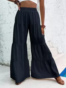Ruffle Hem Wide Leg Pants - Navy Blue - View 1