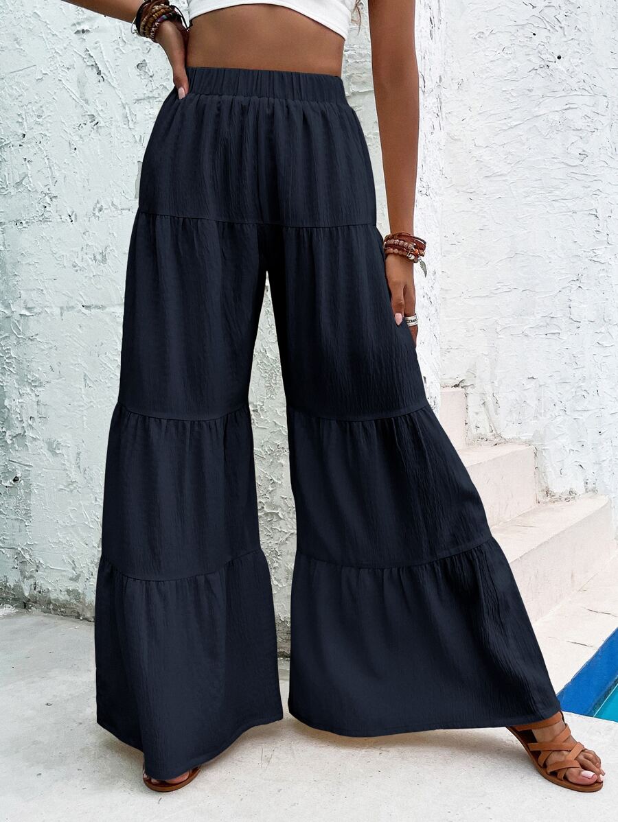 Ruffle Hem Wide Leg Pants - Navy Blue - View 1