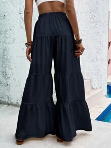 Ruffle Hem Wide Leg Pants - Navy Blue - View 2