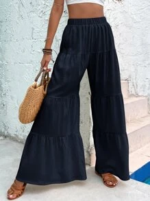 Ruffle Hem Wide Leg Pants - Navy Blue - View 3