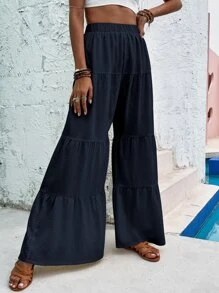 Ruffle Hem Wide Leg Pants - Navy Blue - View 4