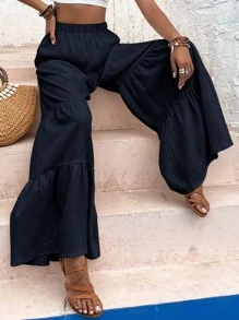 Ruffle Hem Wide Leg Pants - Navy Blue - View 5
