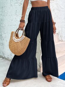 Ruffle Hem Wide Leg Pants - Navy Blue - View 6