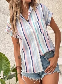 SHEIN LUNE 塊狀條紋蝙蝠袖襯衫