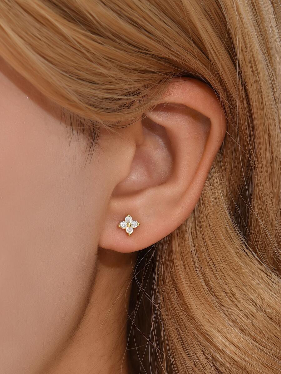 1pc Cubic Zirconia Decor Stud Earrings Copper Jewelry - Yellow Gold - View 1