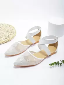 花卉刺繡拼接網紗交叉帶平底鞋 - 白色 - 查看 2