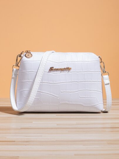 Crocodile Embossed Metal Letter Decor Square Bag shoulder bag,crossbody bag,cross body bag vintage,minimalist,classic leather mini bag,small bag women,ladies,lover-travel,work & office,weekend and holiday