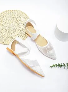 花卉刺繡拼接網紗交叉帶平底鞋 - 白色 - 查看 5