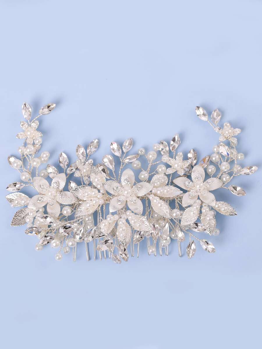 1pc Elegant Handcrafted Faux Pearl & Flower Hair Comb With Crystal Decor For Wedding, Party, Birthday, Prom Tiaras