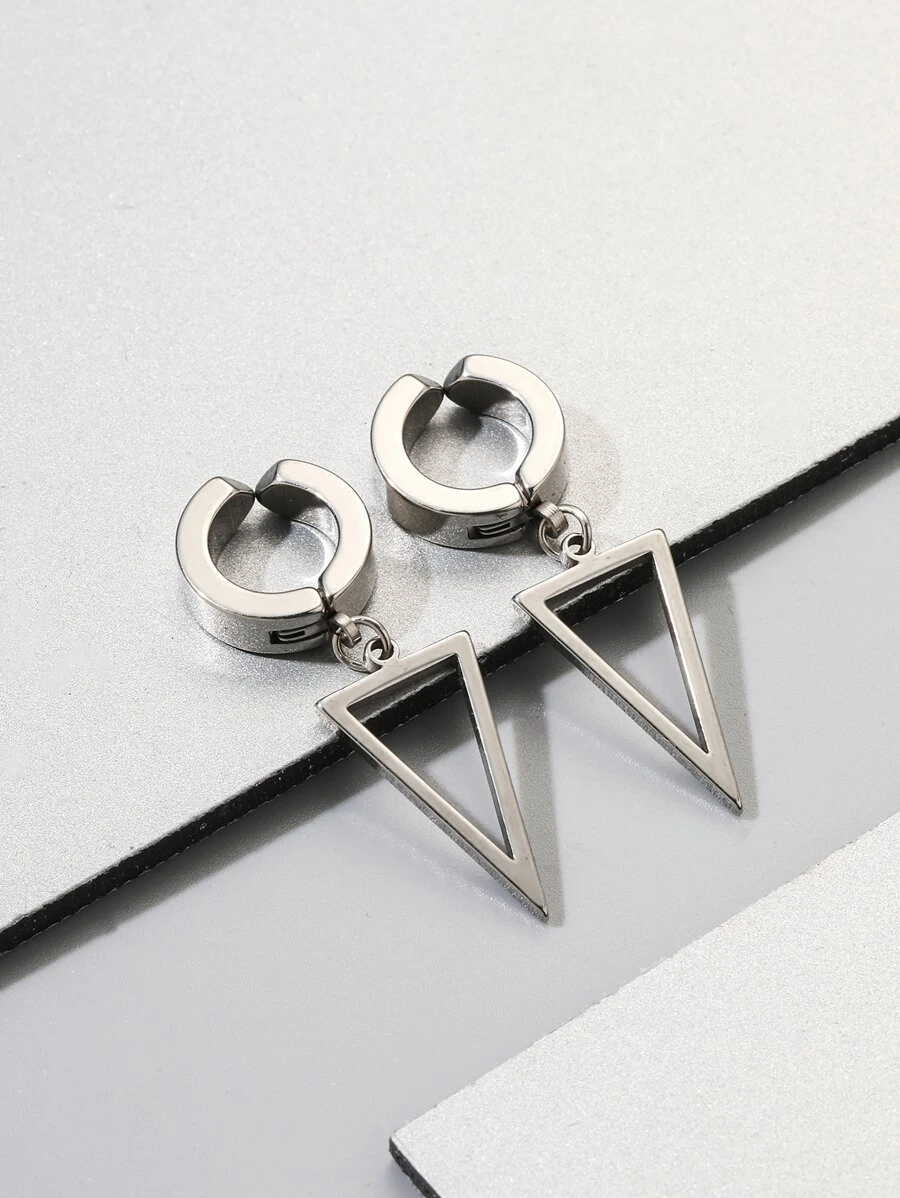Fashionable and Popular 1pair Men Triangle Decor Ear Cuff Stainless Steel Punk Hip Pop Style for Jewelry Gift and for a Stylish Look - Silver - View 1