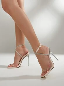Phụ nữ Rhinestone Trang trí Stiletto Giày cao gót có dây đeo mắt cá chân, Giày cao gót thời trang mùa hè - Màu be - Xem 3