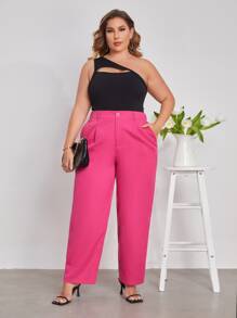 SHEIN Essnce Quần Plus Size Túi màu trơn Thanh lịch - Màu Hồng Tươi - Xem 4
