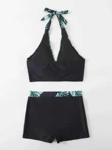 Swim Lushoire 夏季海滩热带印花比基尼套装吊带无钢圈文胸上衣和短裤两件套比基尼 - 彩色 - 查看 3