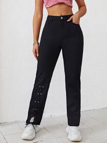 SHEIN Unity Lace Up Front Straight Leg Pants - Black - View 1