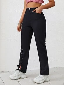 SHEIN Unity Lace Up Front Straight Leg Pants - Black - View 3
