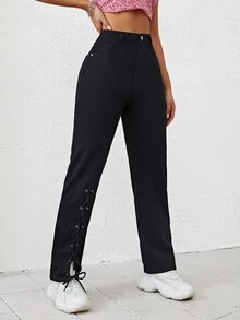SHEIN Unity Lace Up Front Straight Leg Pants - Black - View 4