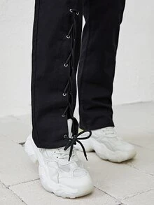 SHEIN Unity Lace Up Front Straight Leg Pants - Black - View 5