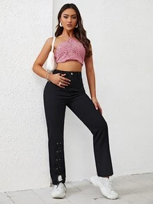 SHEIN Unity Lace Up Front Straight Leg Pants - Black - View 6